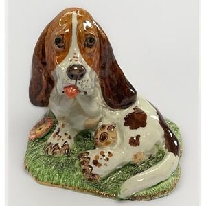 Basil Matthews Basset Hound Figurine w Flower Vintage Hand Painted Sculpture 3"‎